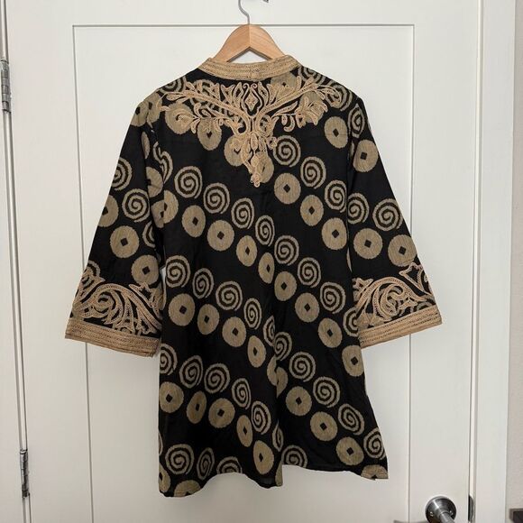 Soft Surroundings Top Tunic Womens Sz L Black Gold Embroidered V Neck Boho Fest - Picture 7 of 13